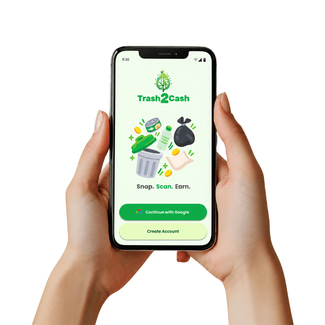 Hands holding a phone displaying the Trash2Cash welcome screen